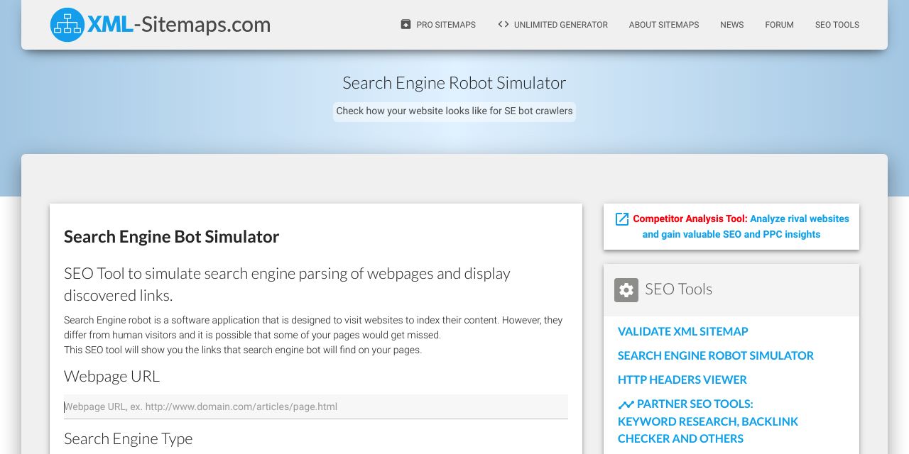 Search Engine Robot Simulator - XML Sitemaps Generator